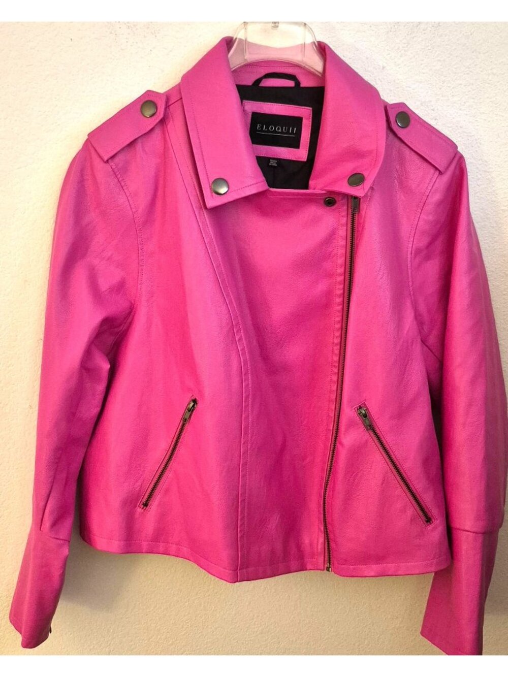 Eloquii Lipstick Pink Faux Leather Fully Lined Moto Jacket Size 22/24 EUC